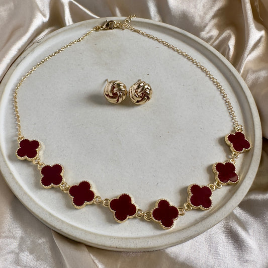 Set collar trébol vinotinto