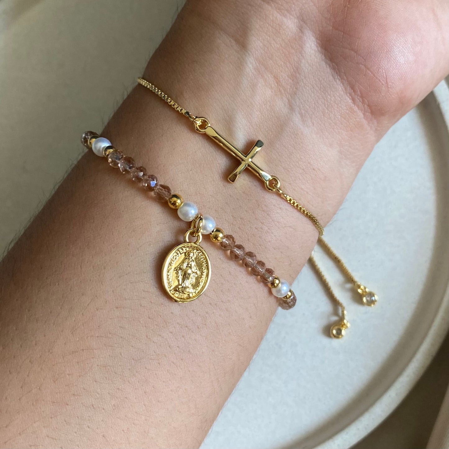 Set pulseras virgen y cruz